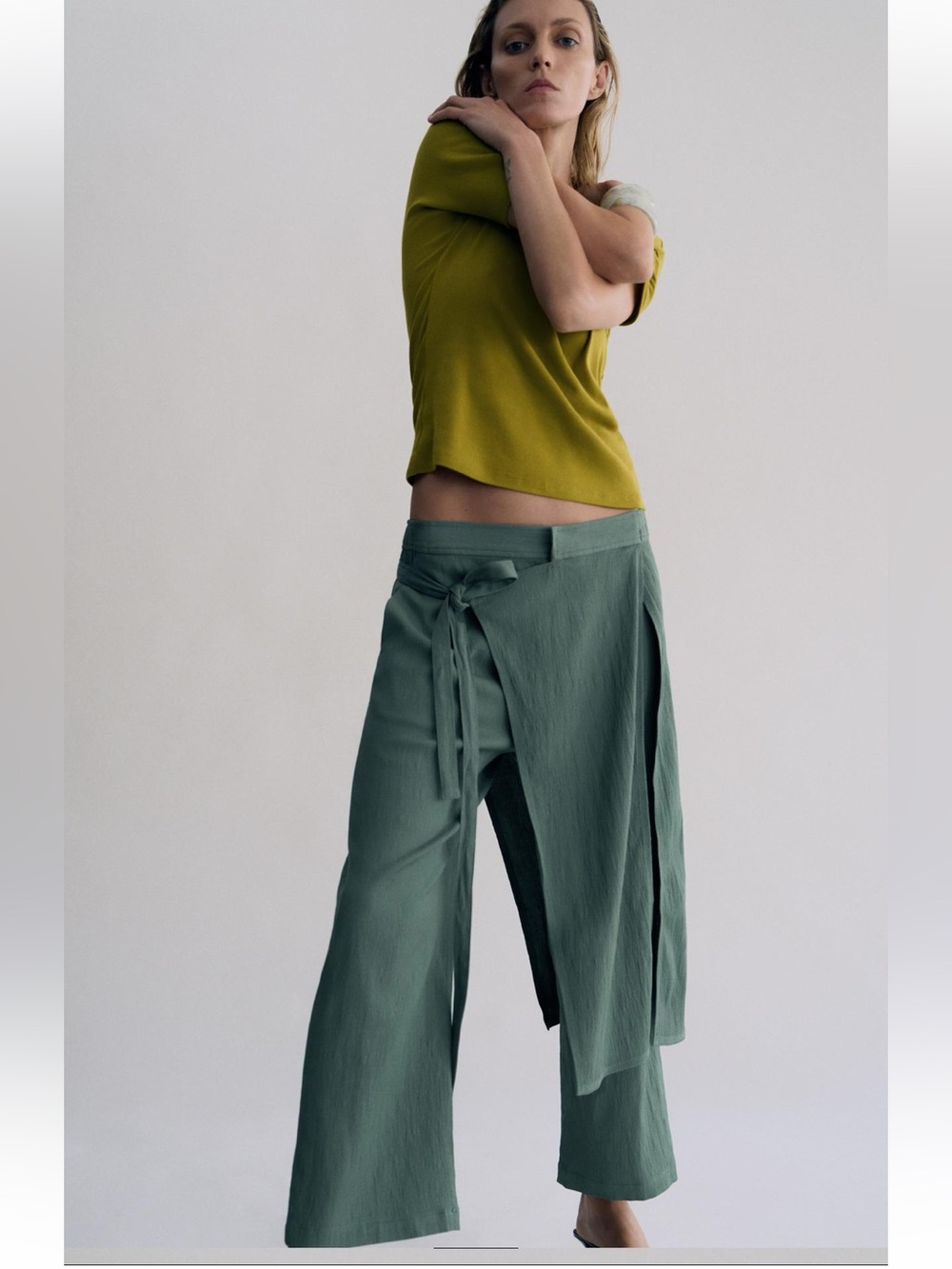 Zara Wrap Front Straight Leg Pants ZW Collection Green